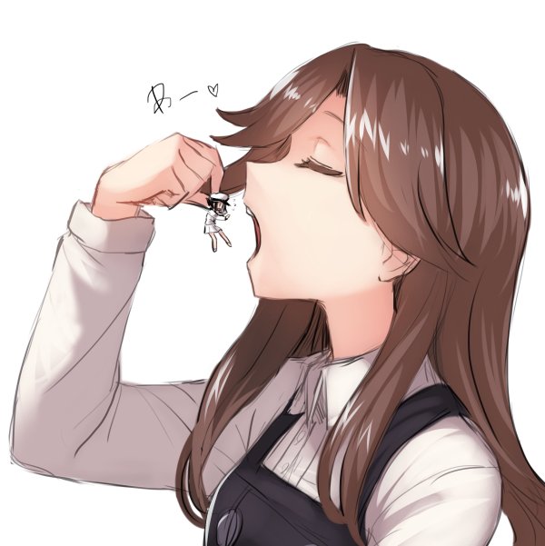 2girls, arashio_(kancolle), black_hair, black_vest, brown_hair, chibi, closed_eyes, collared_shirt