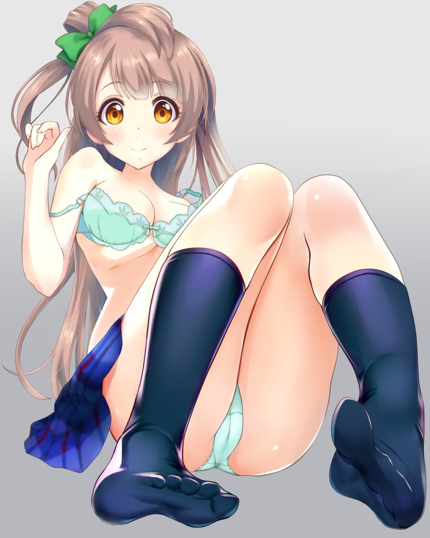 10s, 1girl, black_socks, blue_skirt, bonfurai, bow, bra, breasts