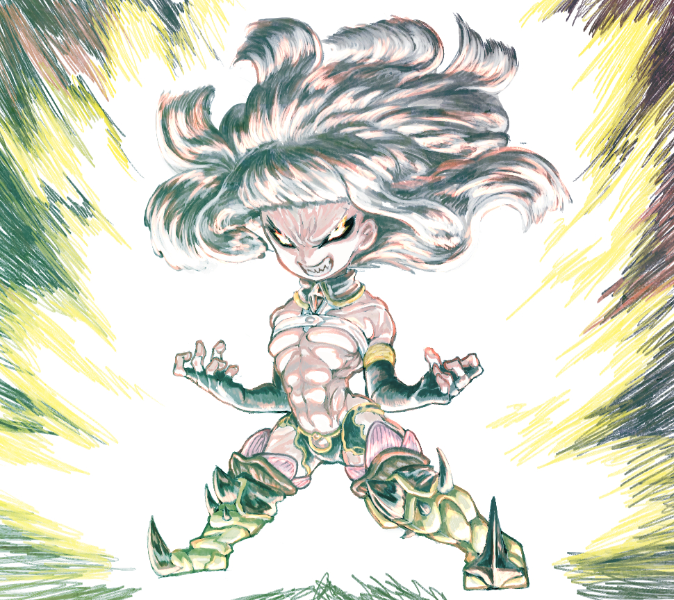 1girl, abs, angry, armored_boots, aura, black_gloves, black_sclera, blunt_bangs