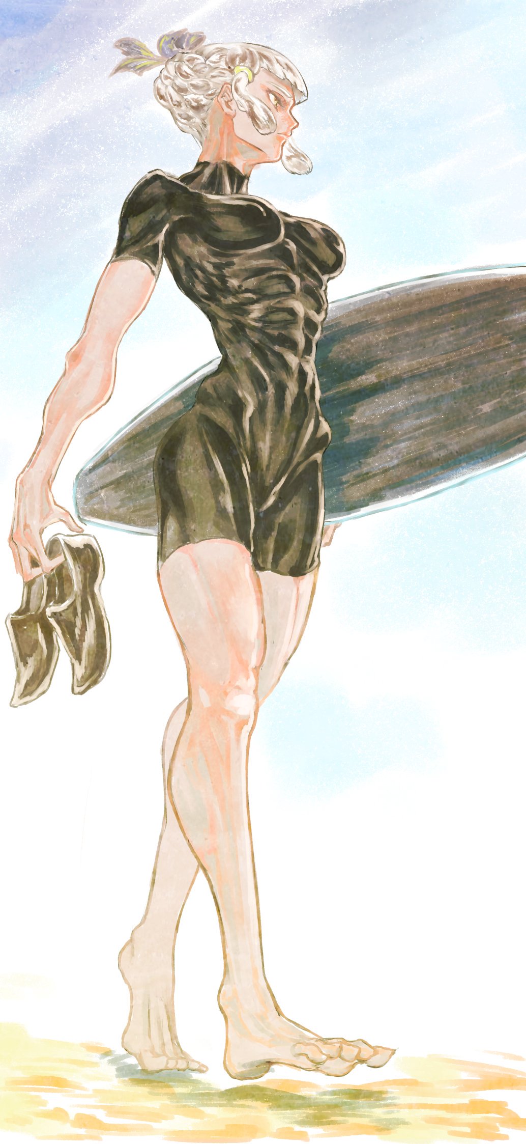 abs, alternate_costume, barefoot, blunt_bangs, braid, commentary_request, fate/grand_order, fate_(series), french_braid, full_body, highres, looking_to_the_side, penthesilea_(fate), shoes, short_sleeves, skin_tight, sky, solo, surfboard, swimsuit, toned, toned_female, tutu_ura_ura, unworn_shoes, walking, white_hair, yellow_eyes