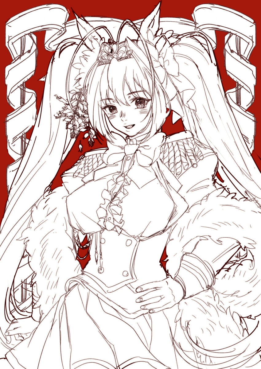 1girl, :d, animal_ears, antenna_hair, blush, breasts, daiwa_scarlet_(peak_blue)_(umamusume), daiwa_scarlet_(umamusume), female_focus, hand_on_own_hip, highres, horse_ears, horse_girl, large_breasts, long_hair, looking_at_viewer, omede_midori, open_mouth, red_background, simple_background, sketch, skirt, smile, solo, tiara, twintails, umamusume, very_long_hair