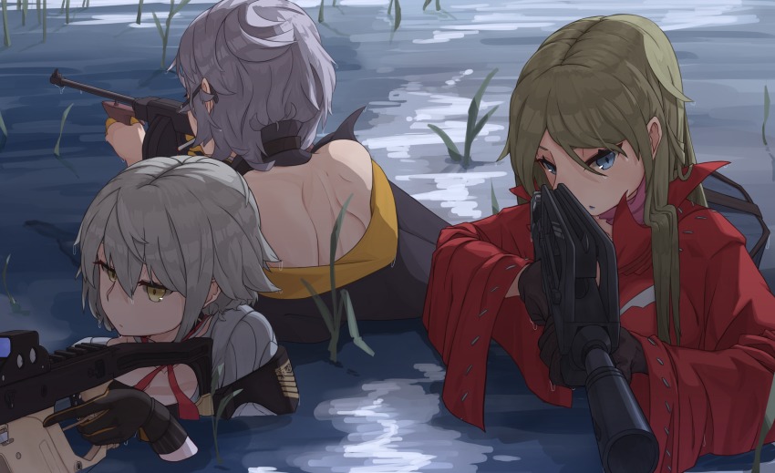 3girls, assault_rifle, blue_eyes, bullpup, commentary_request, drum_magazine, famas, famas_(girls'_frontline)