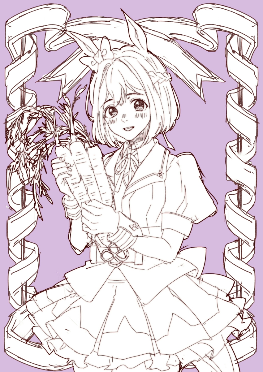 1girl, :d, animal_ears, blush, bow, braid, carrot, ear_ribbon