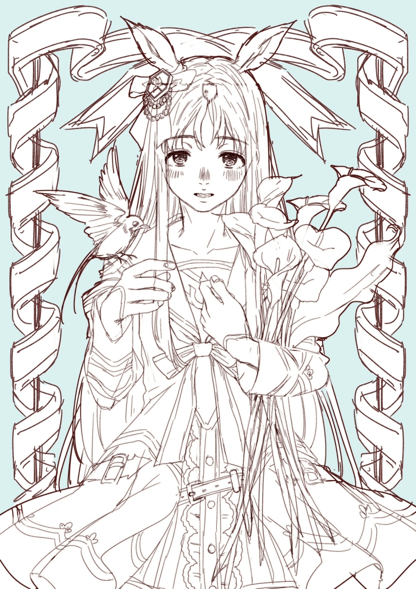 1girl, animal_ears, bird, blue_background, blush, cowboy_shot, female_focus, flower