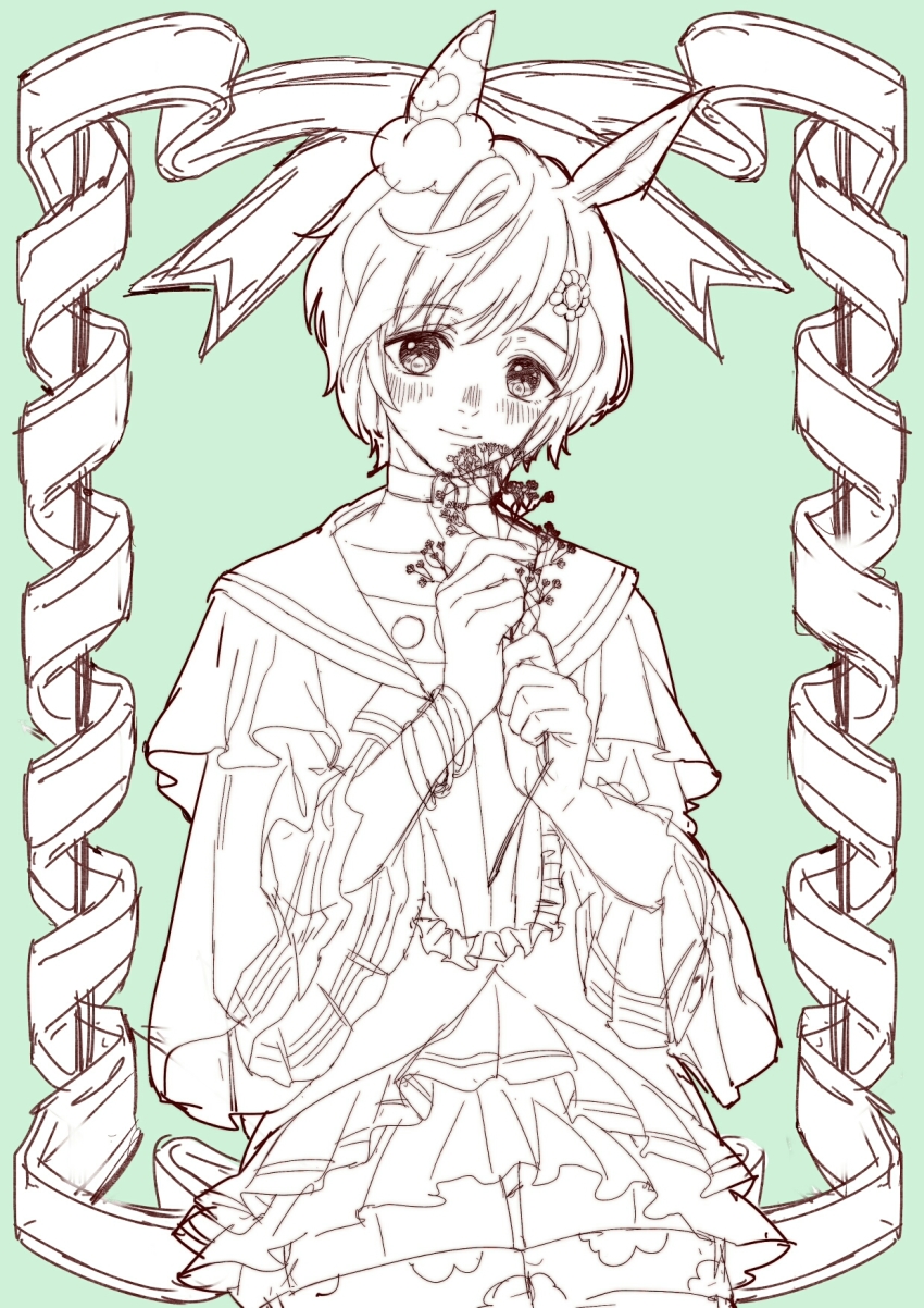 1girl, animal_ears, blush, ear_covers, flower, flower_request, green_background, hair_flower