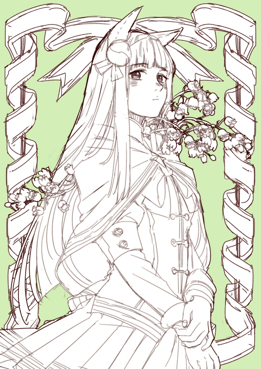 1girl, animal_ears, blush, ear_covers, female_focus, flower, flower_request, green_background