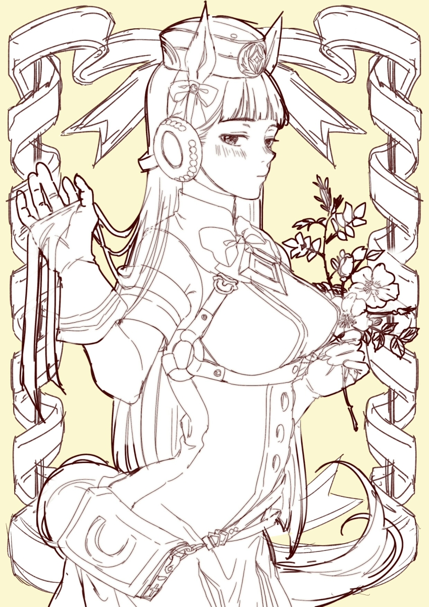 1girl, animal_ears, blush, breasts, flower, flower_request, gold_ship_(red_strife)_(umamusume), gold_ship_(umamusume), hat, highres, horse_ears, horse_girl, horse_tail, long_hair, looking_at_viewer, medium_breasts, omede_midori, ruffling_hair, simple_background, tail, umamusume, yellow_background