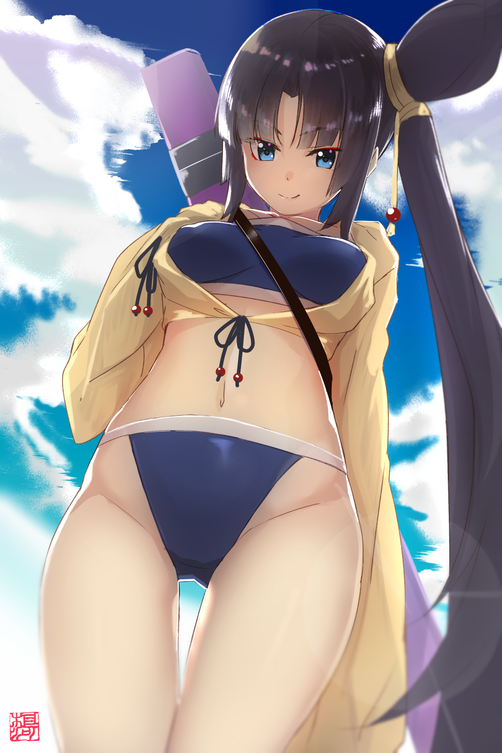 1girl, arm_at_side, bare_legs, bare_shoulders, bikini, black_hair, blue_bikini, blue_eyes