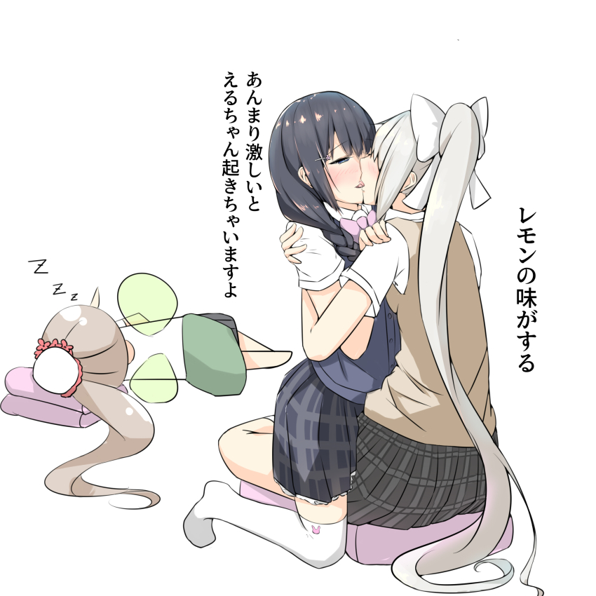 3girls, banira999, black_hair, blonde_hair, blush, braid, chibi, crossed_legs