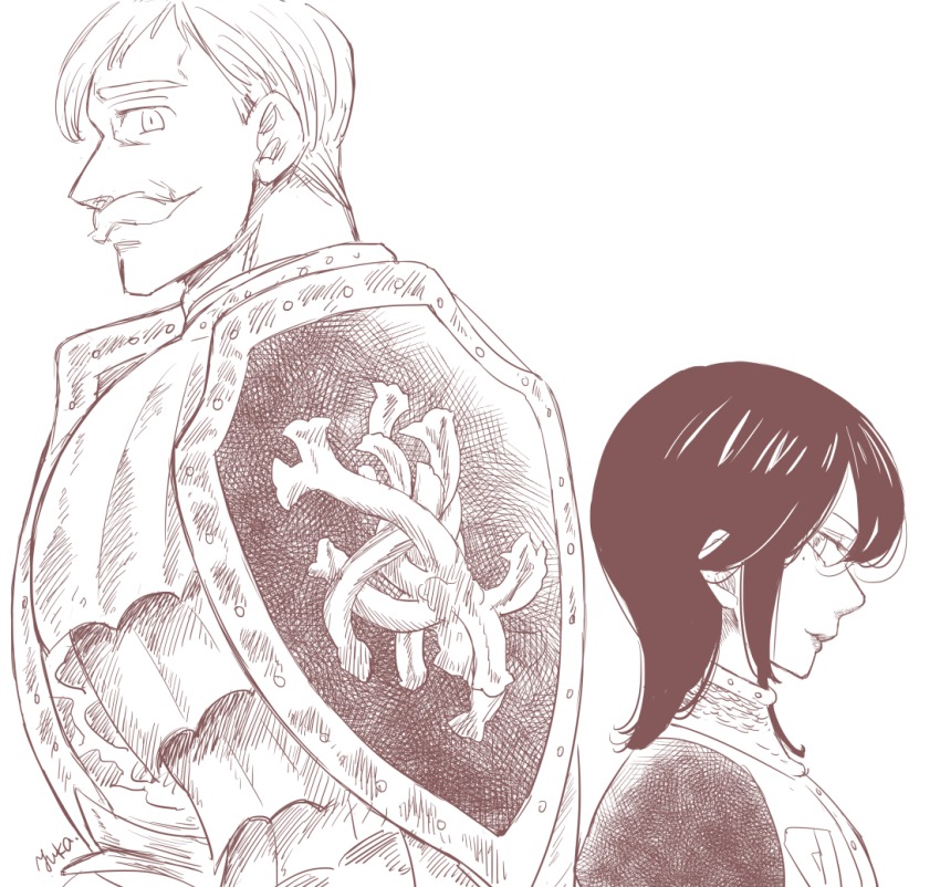 10s, 1boy, 1girl, armor, closed_mouth, emblem, escanor, facial_hair