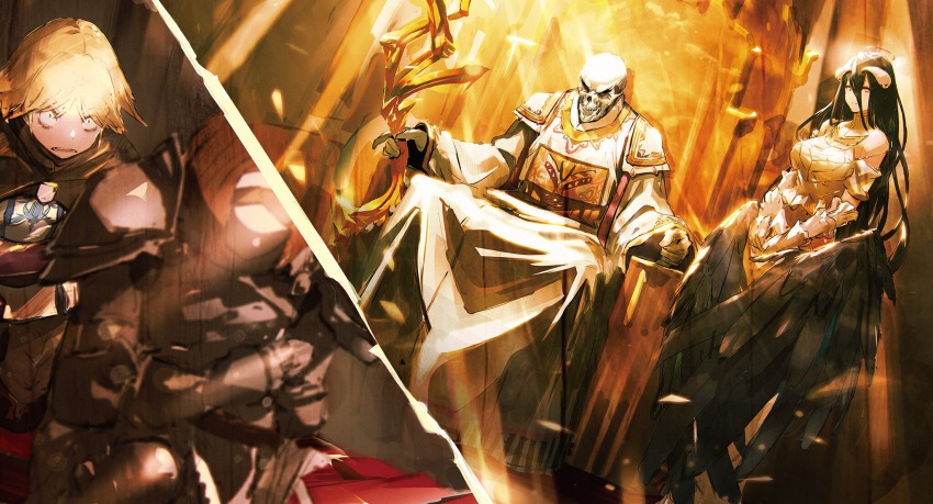 1boy, 3girls, ainz_ooal_gown, albedo_(overlord), armor, black_hair, black_wings, blonde_pubic_hair, brown_hair, carpet, dress, gloves, highres, horns, jewelry, kneeling, long_hair, looking_down, looking_up, multiple_girls, necklace, neia_baraja, official_art, official_style, on_throne, open_mouth, overlord_(maruyama), pubic_hair, remedios_custodio, robe, short_hair, skeleton, so-bin, staff, sunlight, throne, throne_room, uniform, white_dress, white_gloves, wings, yellow_eyes