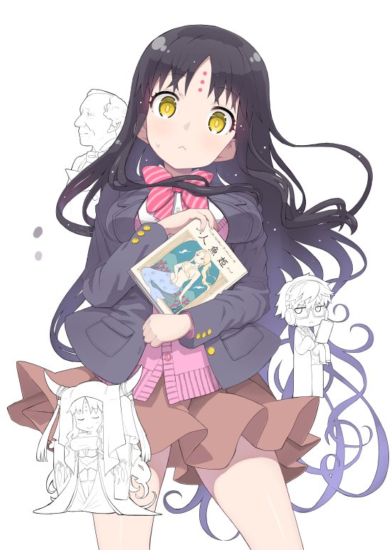 10s, aged_down, black_hair, book, bow, chibi, dual_persona, facial_mark