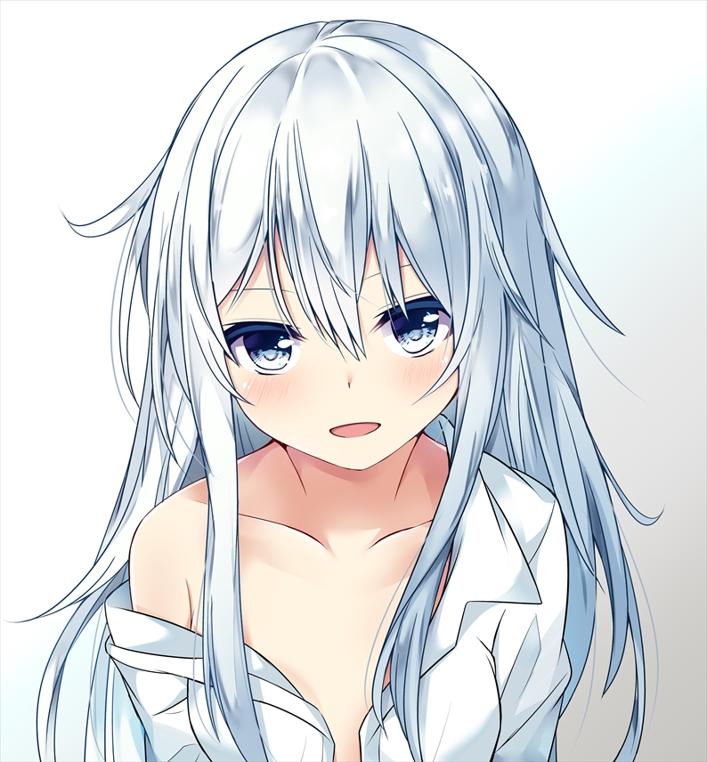 1girl, :d, bare_shoulders, blue_eyes, blue_hair, collarbone, collared_shirt, dress_shirt