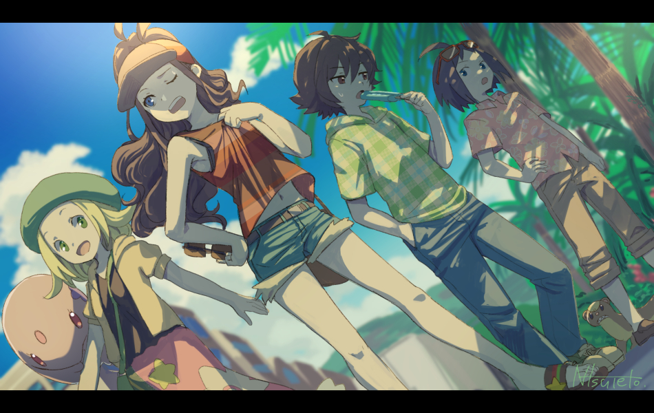 2boys, 2girls, ahoge, bag, beret, bianca_(pokemon), blonde_hair, blouse