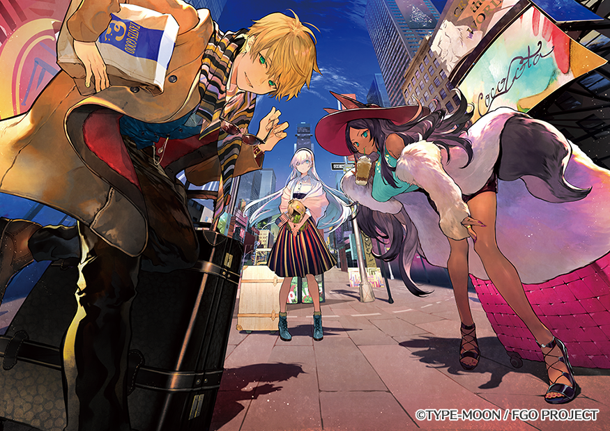 1boy, 2girls, alternate_costume, anastasia_(fate), animal_ears, aqua_eyes, arthur_pendragon_(fate), arthur_pendragon_(fgo_fes._2018)_(fate), black_pants, blonde_hair, blue_sky, breasts, brown_footwear, building, carrying_bag, character_request, day, dress, fate/grand_order, fate_(series), green_eyes, hat, large_breasts, leaning_forward, looking_at_viewer, luggage, multiple_girls, nozaki_tsubata, official_alternate_costume, official_art, outdoors, pants, queen_of_sheba_(fate), queen_of_sheba_(fgo_fes._2018)_(fate), red_hat, road, road_sign, scarf, shadow, sidewalk, sign, skirt, sky, skyscraper, standing, striped_clothes, striped_dress, striped_scarf, striped_skirt, tail, vertical-striped_clothes, vertical-striped_dress, vertical-striped_skirt, watermark