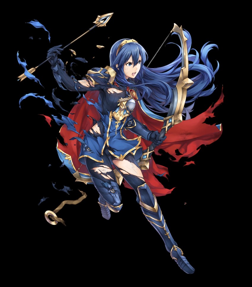 1girl, armor, arrow_(projectile), blue_eyes, blue_hair, bow_(weapon), cape, female_focus