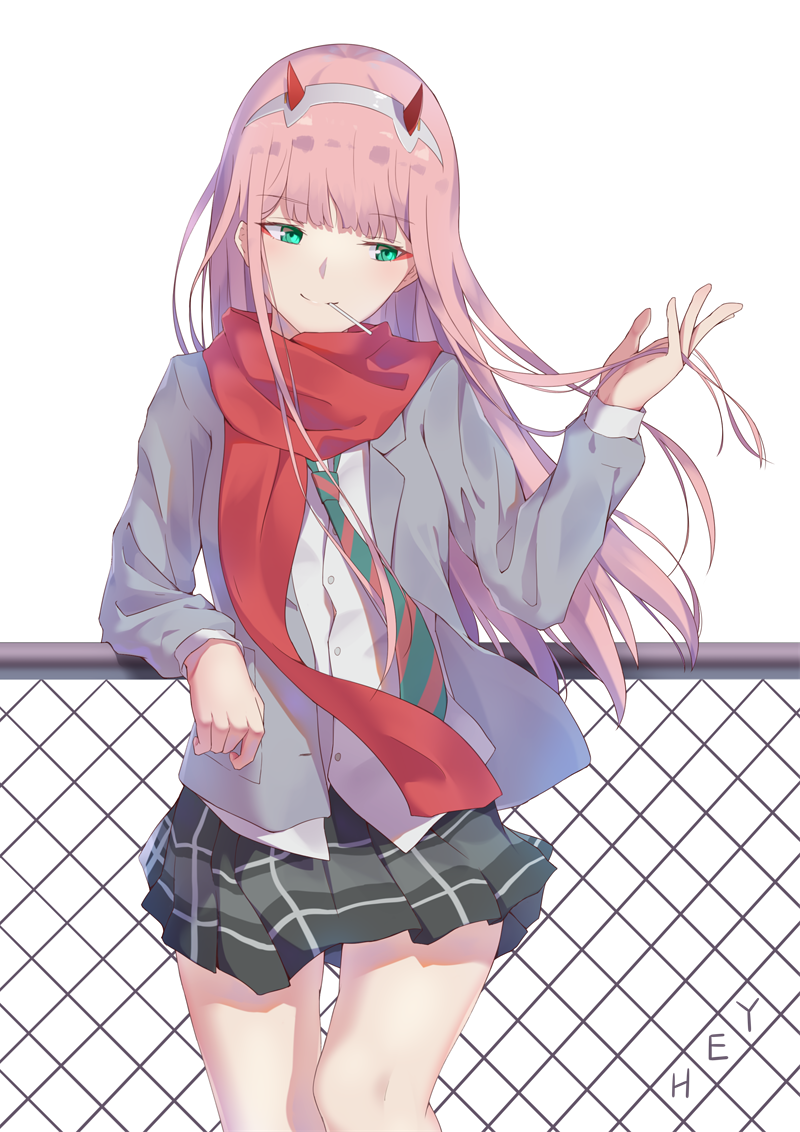 10s, 1girl, blazer, blouse, blunt_bangs, candy, cowboy_shot, darling_in_the_franxx