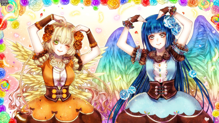 2girls, ;), arms_up, bad_id, bad_pixiv_id, blue_dress, blue_hair, blue_nails