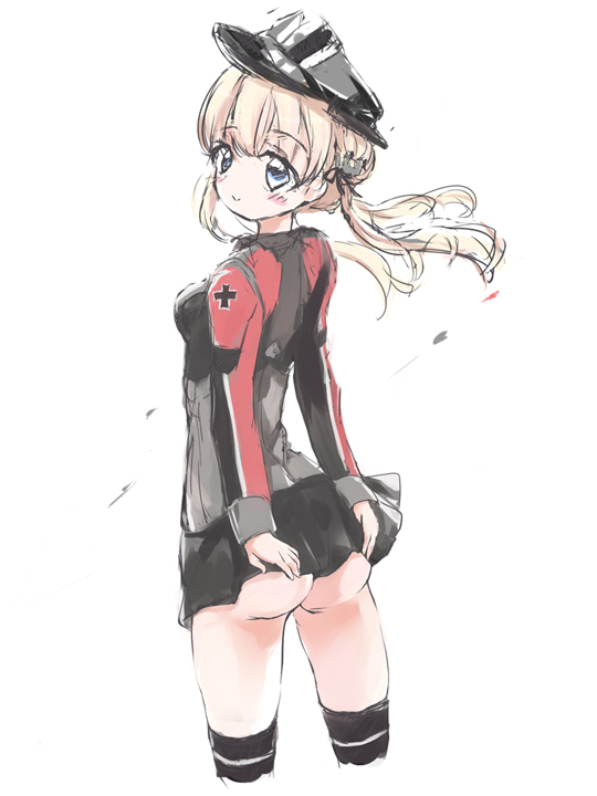 1girl, anchor_hair_ornament, ass, black_hat, black_skirt, black_thighhighs, blonde_hair, blue_eyes, blush, breasts, closed_mouth, commentary_request, cowboy_shot, cropped_legs, female_focus, from_behind, hair_ornament, hat, kantai_collection, legs_apart, long_hair, long_sleeves, looking_at_viewer, looking_back, microskirt, military, military_uniform, no_panties, peaked_cap, pleated_skirt, prinz_eugen_(kancolle), raised_eyebrows, simple_background, sketch, skirt, sleeve_cuffs, smile, solo, standing, thighhighs, twintails, white_background, wind, wind_lift, yoshi@highland