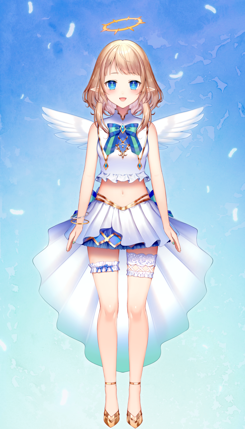 1girl, :d, angel_wings, arms_at_sides, bare_shoulders, blue_eyes, blush, commentary_request, feathers, female_focus, full_body, halo, highres, light_brown_hair, looking_at_viewer, midriff, momoshiki_tsubaki, nail_polish, navel, open_mouth, pleated_skirt, pointy_ears, shiotenshi_channel, shiotenshi_riel, shirt, shoes, skirt, sleeveless, sleeveless_shirt, smile, solo, standing, straight-on, virtual_youtuber, white_feathers, white_shirt, white_skirt, wings