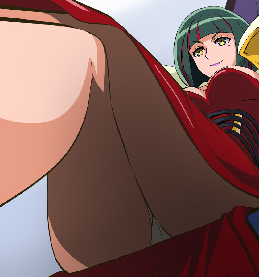 10s, 1girl, closed_mouth, female_focus, from_below, gelos_(precure), green_hair, haruyama_kazunori