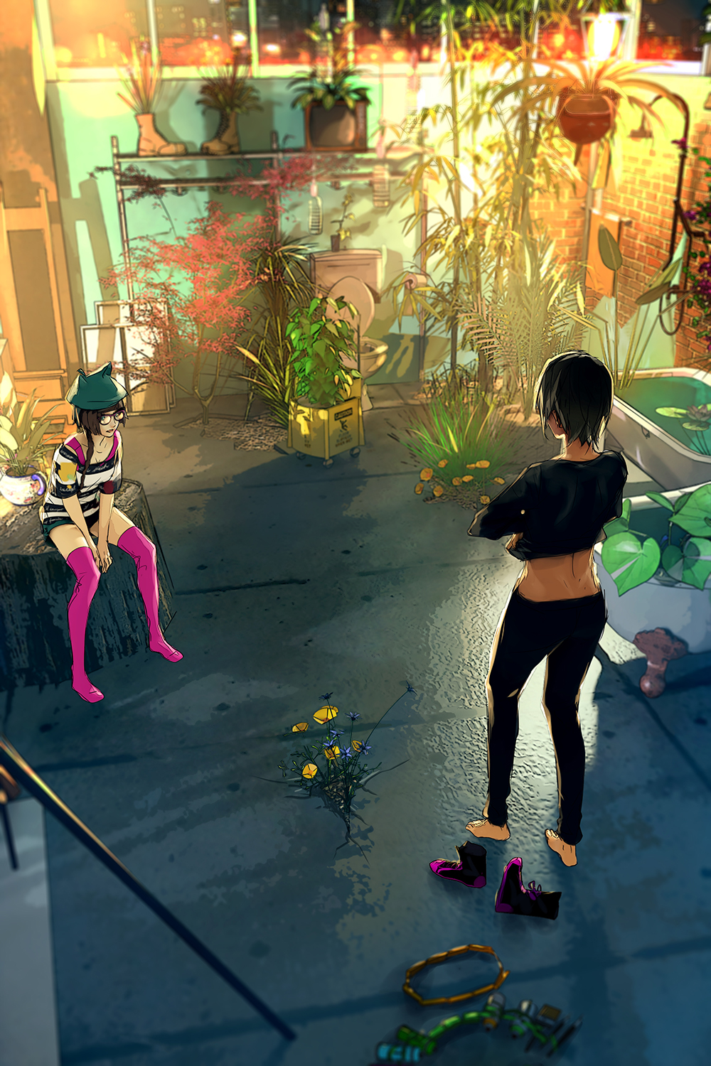 2girls, animal_hat, barefoot, bath, belt, unworn_belt, beret, black_hair, boots, unworn_boots, braid, brown_hair, cat_hat, clothes_lift, cocoa_(fisheye_placebo), fisheye_placebo, from_above, from_behind, glasses, greenhouse, hair_over_shoulder, hat, highres, indoors, jen_(fisheye_placebo), long_hair, looking_at_another, mop_bucket, multiple_girls, night, plant, shirt_lift, sitting, standing, television, thigh_boots, thighhighs, toilet, undressing, yuumei