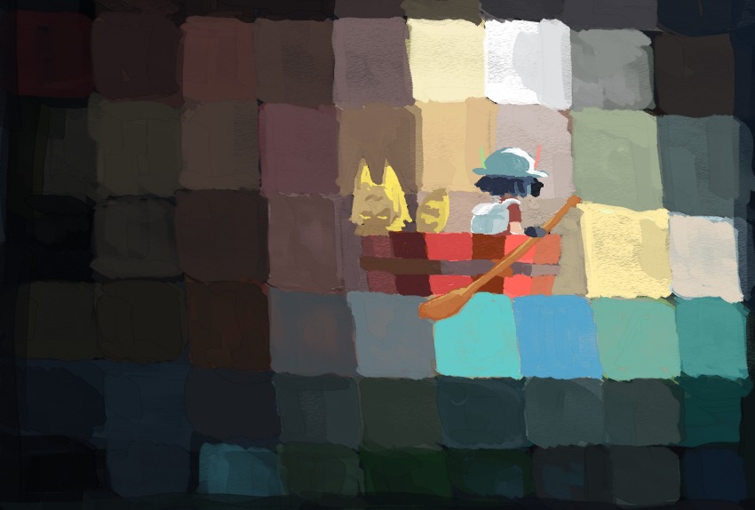 10s, 2girls, abstract, abstract_background, animal_ears, backlighting, backpack, bad_id, bad_pixiv_id, bag, black_gloves, black_hair, blonde_hair, bucket, closed_eyes, faux_traditional_media, fine_art_parody, gloves, gunzan, hat, hat_feather, helmet, highres, holding, holding_oar, kaban_(kemono_friends), kemono_friends, multiple_girls, no_lineart, oar, parody, pith_helmet, red_shirt, serval_(kemono_friends), serval_tail, shirt, short_hair, short_sleeves, tail, watercraft, wooden_bucket