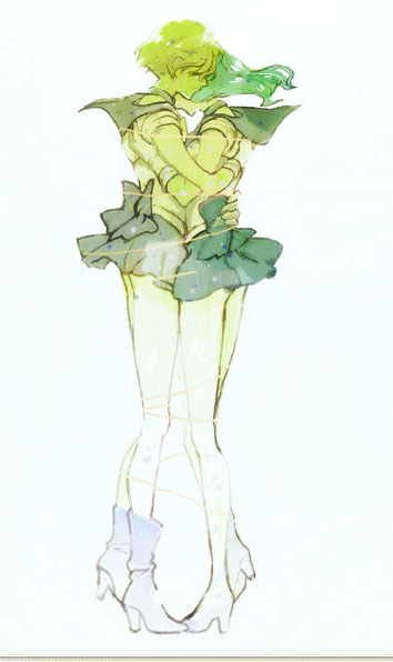 2girls, bare_legs, bishoujo_senshi_sailor_moon, boots, floating_hair, from_side, full_body, holding