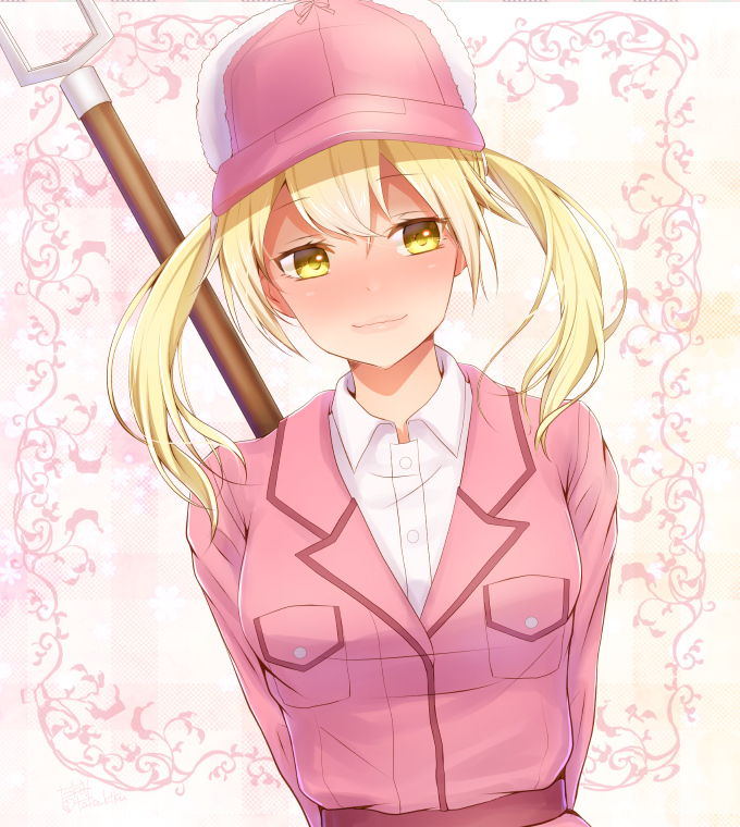 10s, 1girl, arms_behind_back, baseball_cap, blonde_hair, blush, breasts, collared_shirt