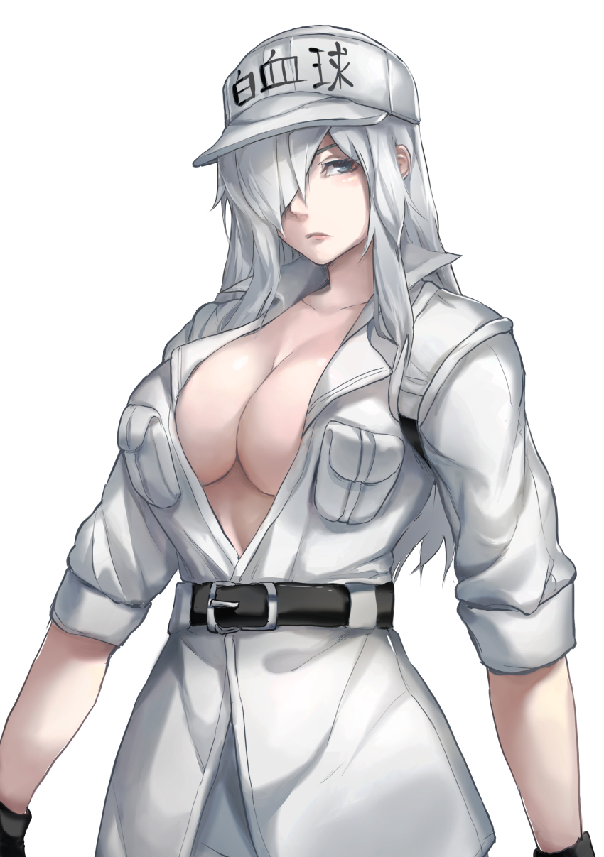 10s, 1girl, absurdres, baseball_cap, belt, blouse, breasts, cleavage, clothes_writing, collared_shirt, cowboy_shot, expressionless, female_focus, grey_eyes, hair_over_one_eye, hat, hataraku_saibou, hataraku_saibou_black, highres, large_breasts, lips, long_hair, looking_at_viewer, lynus, no_bra, open_clothes, open_shirt, shirt, short_sleeves, simple_background, solo, standing, u-0001, u-1196, white_background, white_blood_cell_(hataraku_saibou), white_hair, white_hat, white_shirt