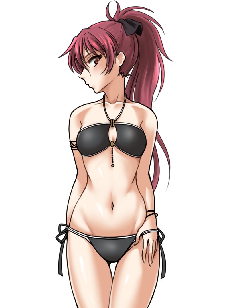1girl, alternate_costume, bikini, black_bikini, blush, breasts, female_focus, gluteal_fold, groin, looking_to_the_side, mahou_shoujo_madoka_magica, navel, pink_hair, ponytail, sakura_kyoko, sakura_kyoko_(swimsuit_costume), satom, side-tie_bikini_bottom, simple_background, small_breasts, solo, swimsuit, white_background, yellow_eyes