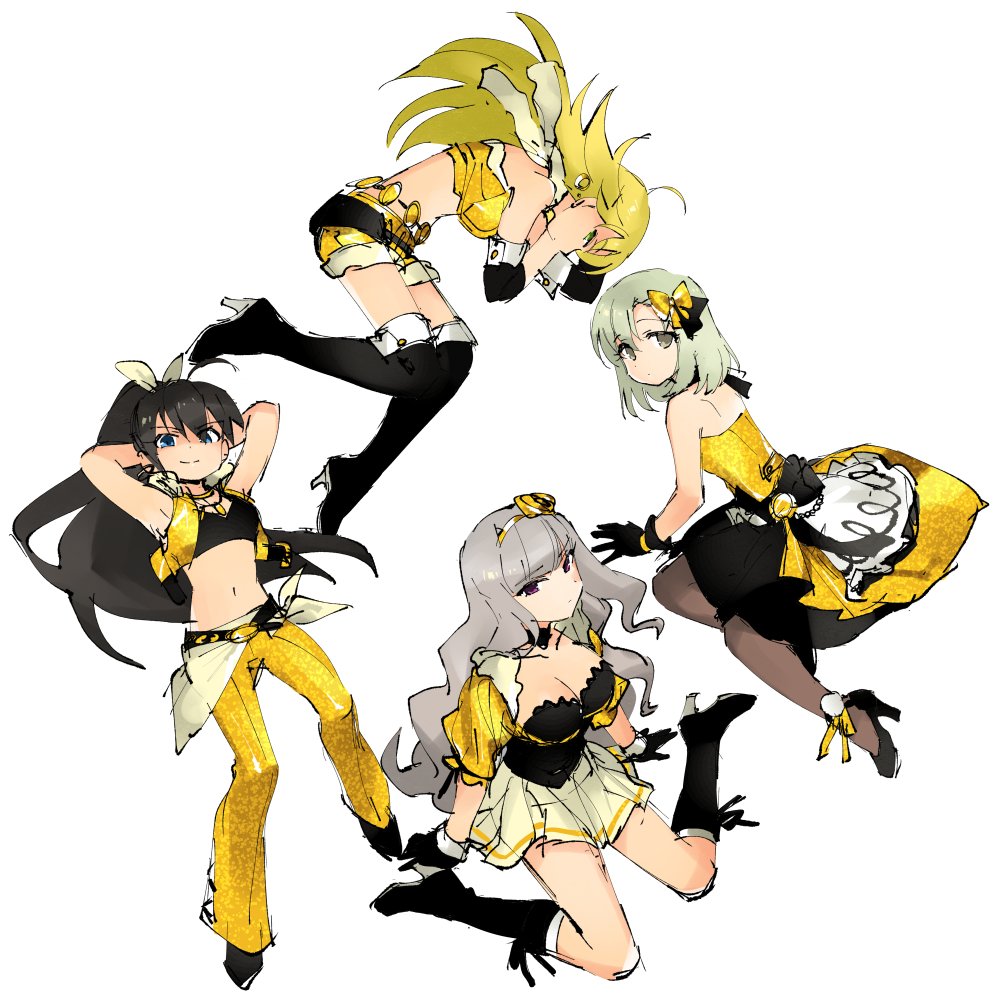 4girls, arms_behind_head, beyond_the_nobles, beyond_the_vibes, beyond_the_wishes, black_hair, blonde_hair, blue_eyes