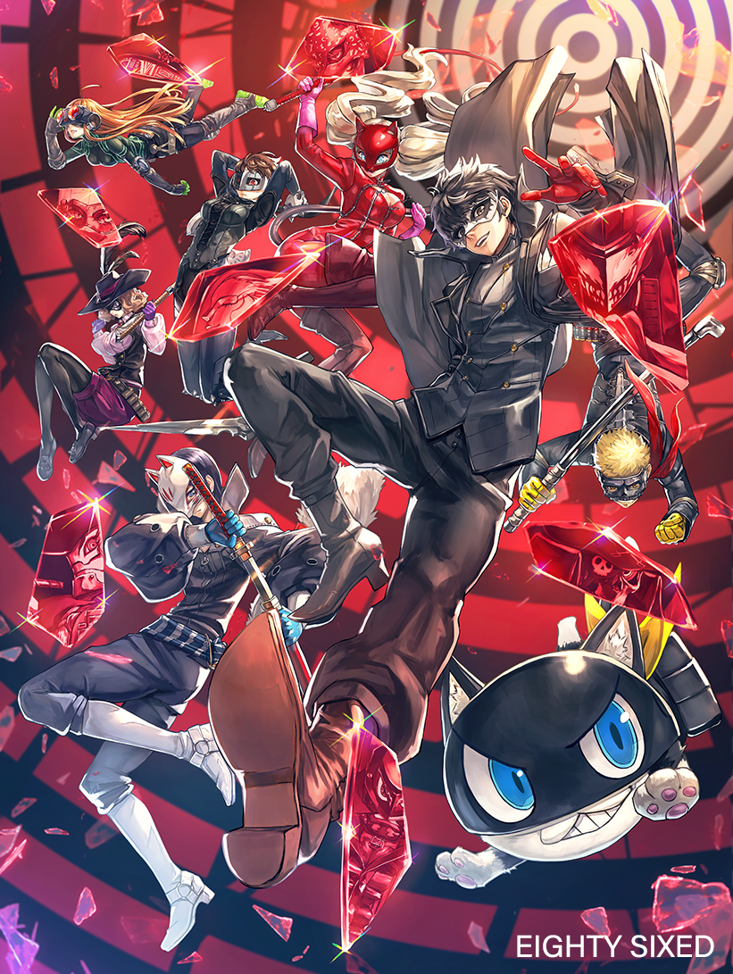 10s, 3boys, 4girls, ahoge, amamiya_ren, arsene_(persona_5), ascot, axe, biker_clothes, bikesuit, black_feathers, black_jacket, blouse, blue_track_suit, blunt_bangs, bodysuit, captain_kidd_(persona), carmen_(persona_5), cat, cat_mask, cavalier_hat, coat, collared_jacket, collared_shirt, everyone, feathers, fox_(persona_5), fox_mask, gloves, goemon_(persona_5), green_shoes, grey_shirt, hat, hat_feather, head_tilt, high_collar, holding, holding_lead_pipe, holding_smoking_pipe, holding_whip, jacket, joanna_(persona_5), joker_(persona_5), katana, kitagawa_yuusuke, kuroi_susumu, latex, latex_bodysuit, lead_pipe, long_scarf, looking_at_viewer, mask, masquerade_mask, metal_mask, midair, milady_(persona), morgana_(persona_5), multiple_boys, multiple_girls, necronomicon_(persona_5), niijima_makoto, noir_(persona_5), okumura_haru, oracle_(persona_5), panther_(persona_5), pantyhose, persona, persona_5, pink_shirt, pointy_boots, queen_(persona_5), red_ascot, red_gloves, sakamoto_ryuuji, sakura_futaba, scarf, shirt, shoes, short_hair, simple_background, skull_(persona_5), skull_mask, smile, smoking_pipe, sword, takamaki_anne, thighhighs, track_suit, trench_coat, weapon, whip, zorro_(persona_5)