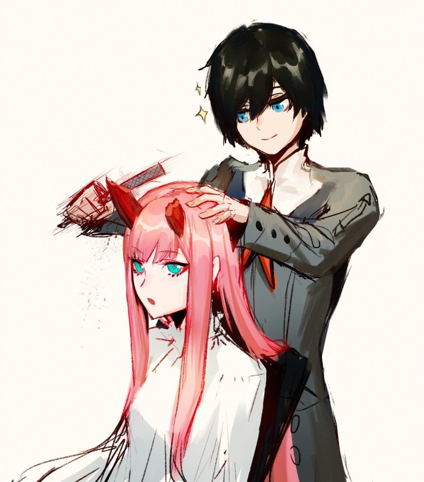 10s, 1boy, 1girl, asymmetrical_horns, barber_chair, black_hair, blossomppg, blue_eyes