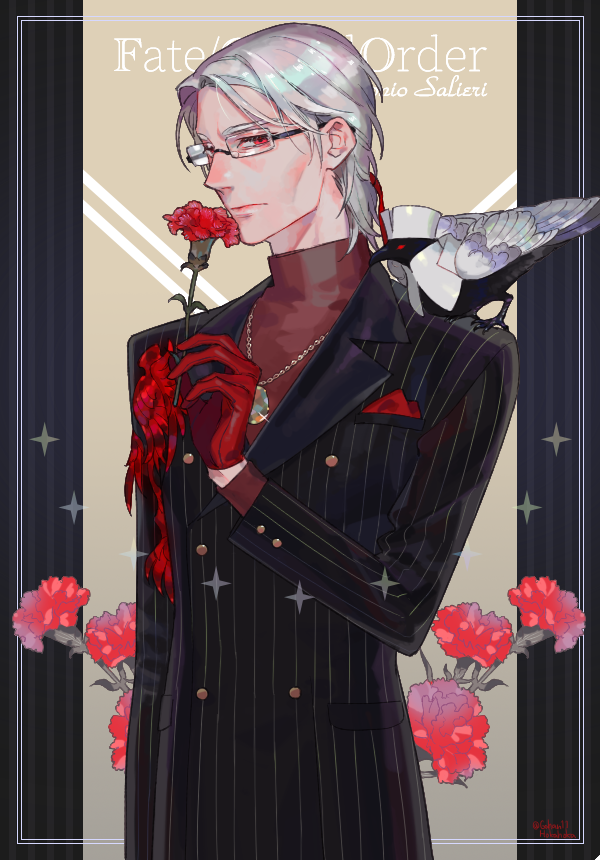 1boy, animal, animal_on_shoulder, antonio_salieri_(fate), antonio_salieri_(traveling_outfit)_(fate), bird, bird_on_shoulder, buttoned_cuffs, buttons, carnation, cowboy_shot, crow, double-breasted, fate/grand_order, fate_(series), flower, formal_clothes, gem, glasses, gloves, grey_hair, holding, holding_flower, jewelry, long_sleeves, looking_at_viewer, male_focus, necklace, pinstripe_pattern, pinstripe_suit, red_eyes, red_flower, red_gloves, sara_(kurome1127), striped, suit, vertical_stripes
