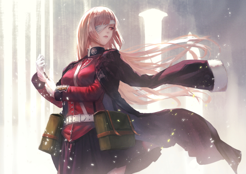 1girl, adjusting_clothes, adjusting_gloves, bandage_over_one_eye, belt, black_jacket, black_skirt, cowboy_shot