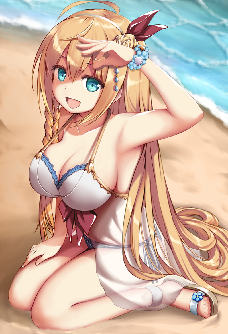 1girl, ahoge, aqua_eyes, babydoll, bare_shoulders, beach, bikini, blonde_hair