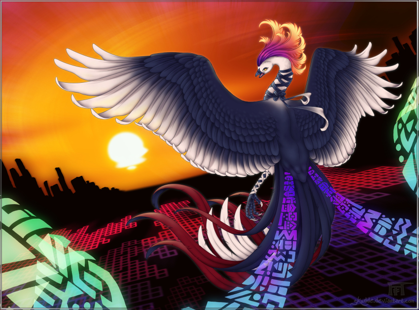 1girl, animalization, asymmetrical_wings, bird, dress, gradient_hair, gradient_wings, highres