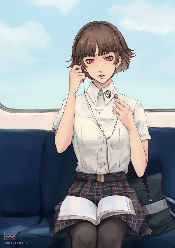 10s, 1girl, 1o8k, bag, belt, book, braid, brown_eyes, brown_hair, chair, cloud, crown_braid, day, earplugs, looking_at_viewer, niijima_makoto, pantyhose, persona, persona_5, plaid_clothes, plaid_skirt, school_uniform, shirt, short_hair, sitting, skirt, sky