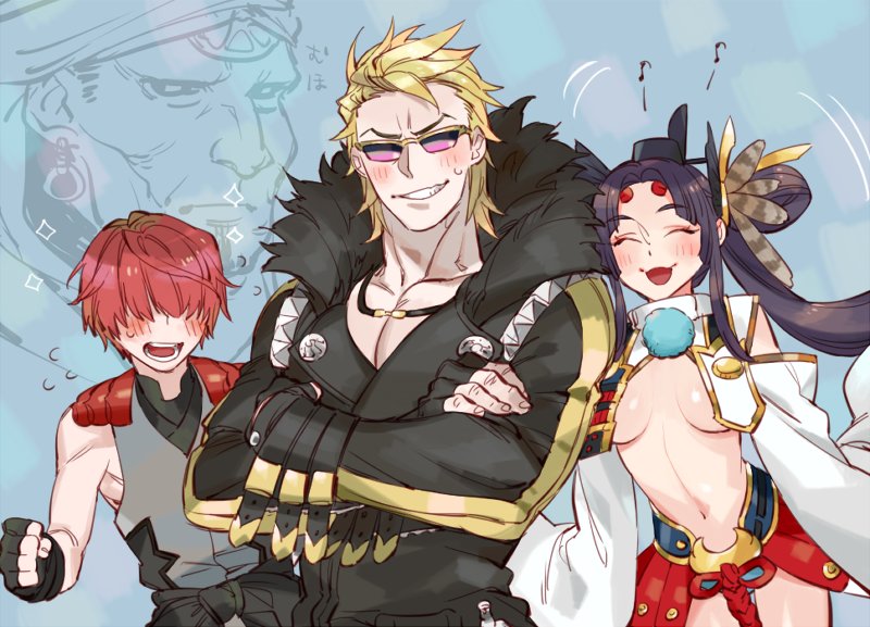 1girl, 3boys, armor, biker_clothes, bikesuit, black_gloves, black_hair, black_jacket