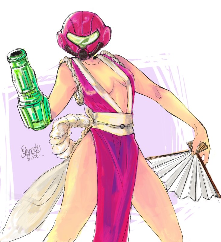 1girl, anato0350, arm_cannon, bare_arms, bare_legs, breasts, cleavage, commentary, cosplay, crossover, fatal_fury, female_focus, hand_fan, helmet, image_sample, japanese_clothes, kimono, metroid, nintendo, obi, red_kimono, revealing_clothes, rope, samus_aran, sash, shiranui_mai, shiranui_mai_(cosplay), snk, solo, the_king_of_fighters, thighs, twitter, twitter_sample, visor, weapon