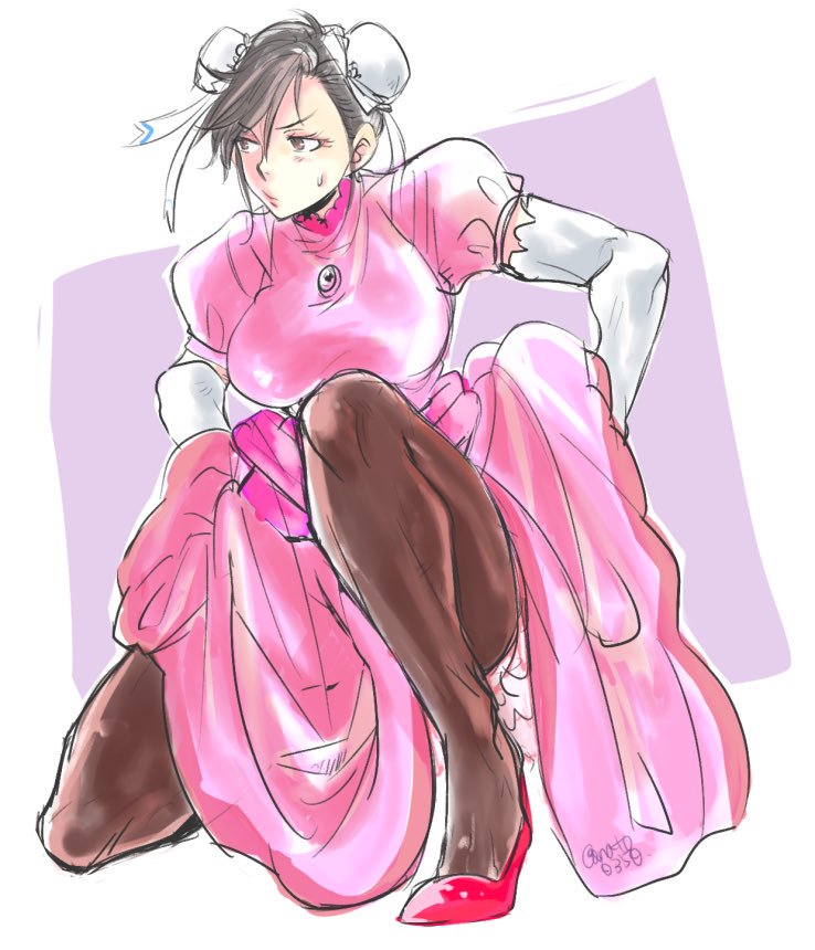 1girl, anato0350, blush, breasts, brown_eyes, brown_hair, bun_cover, capcom, chun-li, commentary, cosplay, crossover, double_bun, dress, elbow_gloves, female_focus, gem, gloves, hair_bun, image_sample, jewelry, large_breasts, mario_(series), nintendo, on_one_knee, pantyhose, pink_dress, princess_dress, princess_peach, princess_peach_(cosplay), puffy_short_sleeves, puffy_sleeves, shoes, short_sleeves, solo, street_fighter, sweatdrop, thighs, twitter, twitter_sample, white_gloves