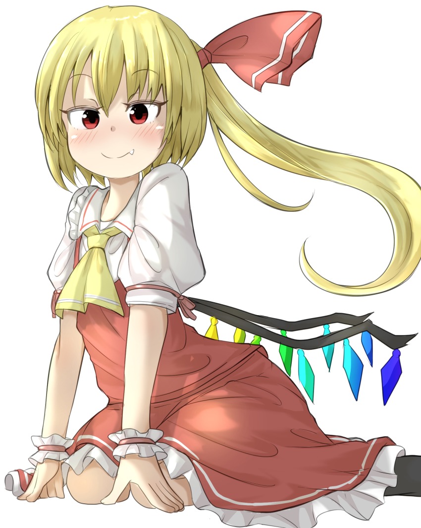 1girl, all_fours, bad_id, bad_nicoseiga_id, blonde_hair, blush, blush_stickers, bow, breasts, dress, fangs, female_focus, flandre_scarlet, fran_(shironeko_project), hair_bow, highres, long_hair, looking_at_viewer, makin_tama, red_bow, red_dress, red_eyes, short_sleeves, solo, touhou, white_background