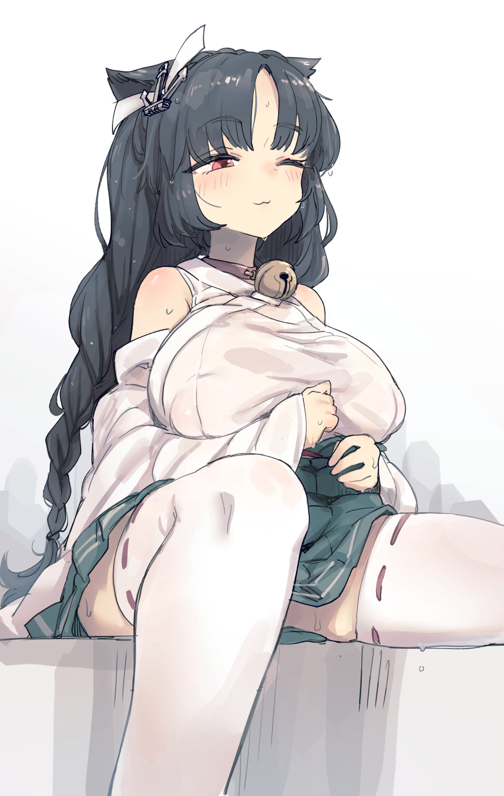 1girl, :3, anchor_hair_ornament, aqua_skirt, azur_lane, bare_shoulders, bee_(deadflow), bell, black_hair, blush, braid, breasts, closed_mouth, collar, female_focus, hair_ornament, highres, jingle_bell, large_breasts, long_hair, long_sleeves, neck_bell, one_eye_closed, ooshio_(azur_lane), pleated_skirt, red_eyes, ribbon-trimmed_legwear, ribbon_trim, sitting, skindentation, skirt, solo, sweat, thighhighs, very_long_hair, white_background, white_thighhighs