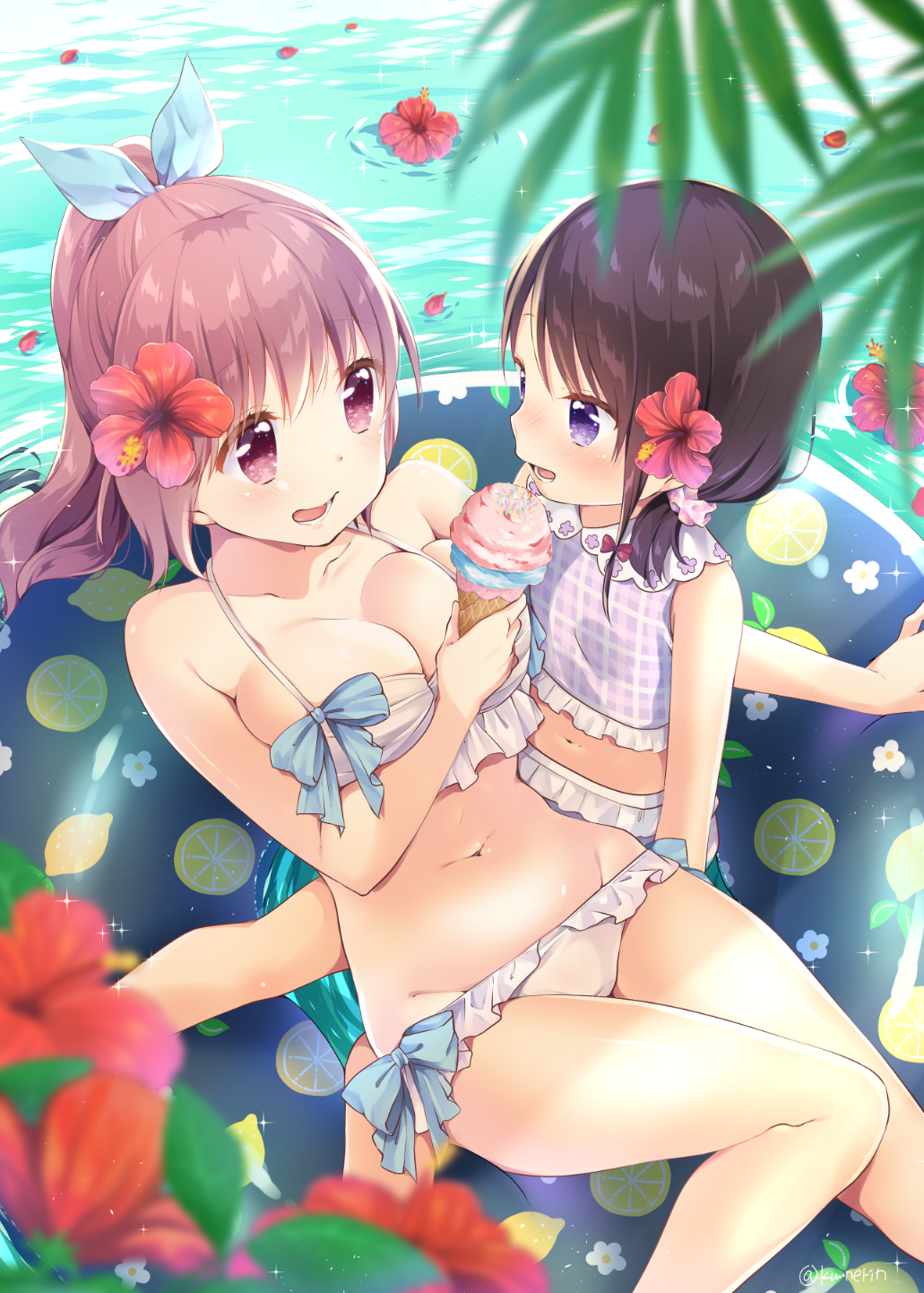 2girls, afloat, age_difference, bikini, blue_bow, blurry, blurry_foreground, blush