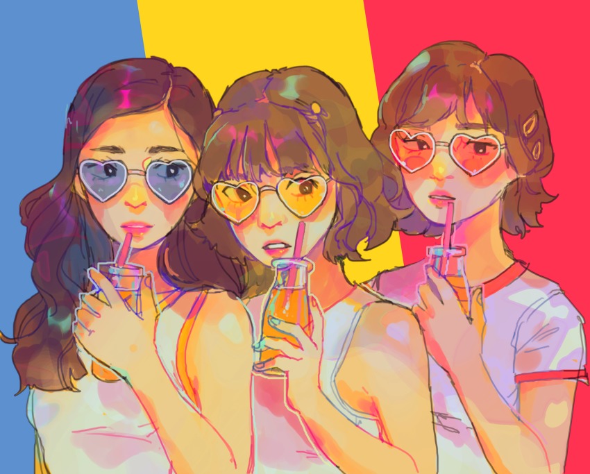 3girls, brown_hair, drink, drinking_straw, glasses, hair_ornament, heart, heart-shaped_eyewear