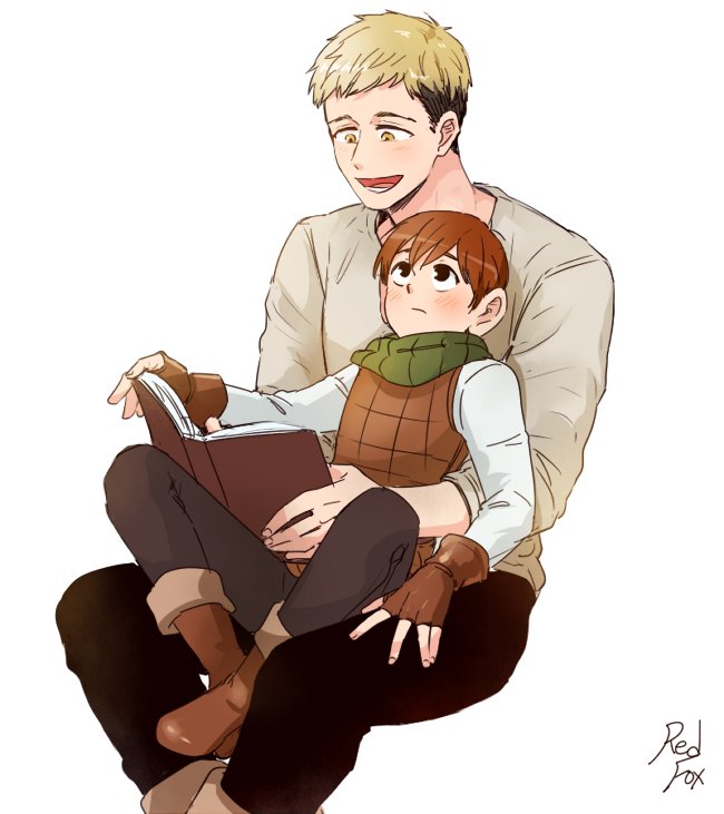 2boys, blonde_hair, boots, brown_footwear, brown_gloves, brown_hair, chilchuck_tims, dungeon_meshi, fingerless_gloves, gloves, halfling, laios_touden, looking_at_another, male_focus, multicolored_hair, multiple_boys, redfox, scarf, signature, simple_background, sitting, sitting_on_lap, sitting_on_person, two-tone_hair, white_background, yellow_eyes