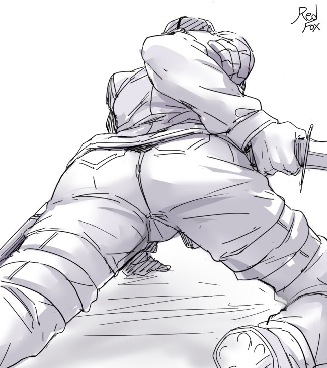 10s, 1boy, arm_support, ass, ass_focus, boots, combat_knife, from_behind