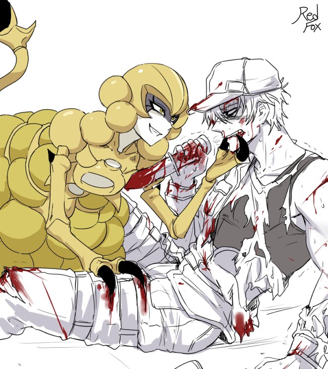 10s, 1boy, 1girl, arm_support, blonde_hair, blood, bulletproof_vest, claws, colored_skin, combat_knife, grin, hand_on_another's_chin, hand_on_another's_thigh, hataraku_saibou, knife, monster_girl, nosebleed, redfox, shaded_face, signature, simple_background, smile, staphylococcus_aureus_(hataraku_saibou), torn_clothes, trembling, u-1146, weapon, white_background, white_blood_cell_(hataraku_saibou), white_skin, yellow_eyes
