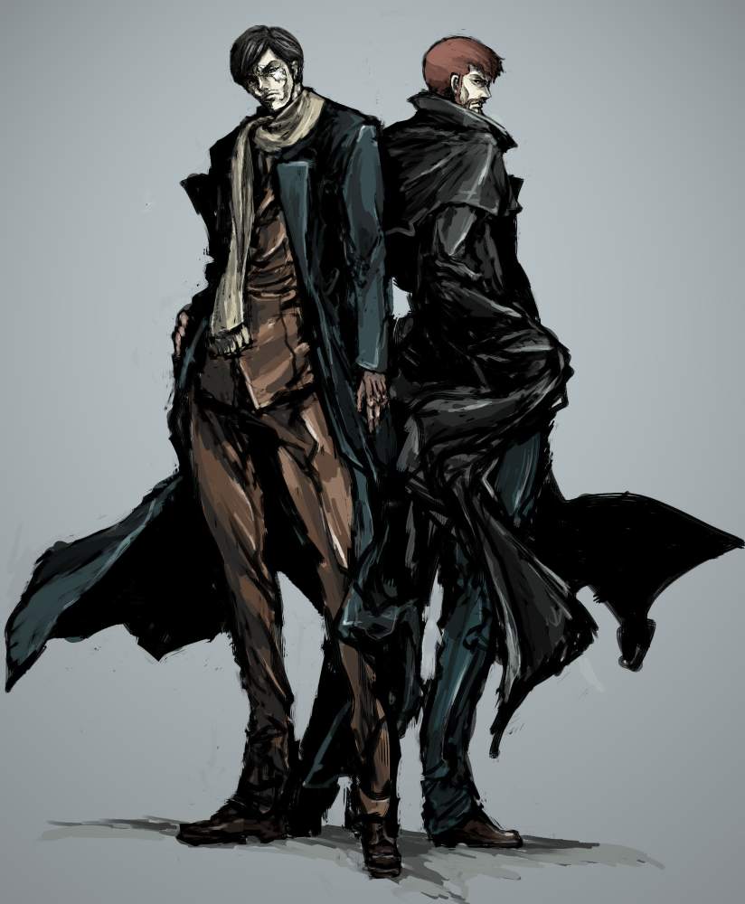 00s, 2boys, andrei_smirnov, beard, black_hair, brown_hair, coat, facial_hair